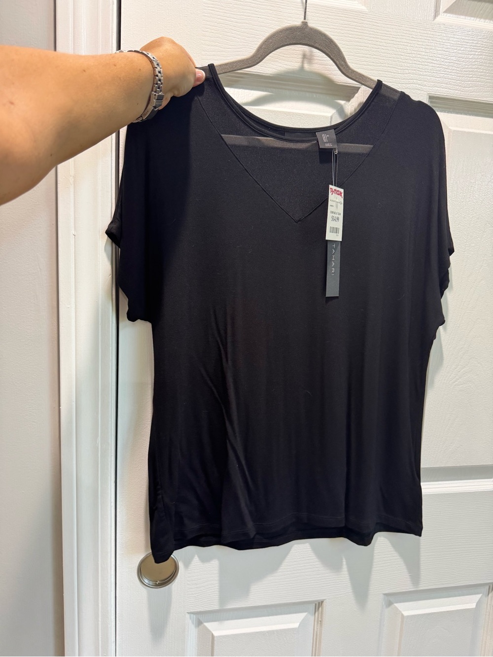 Tahari Black V-Neck Short Sleeve Tee with Sheer V at top Large NWT